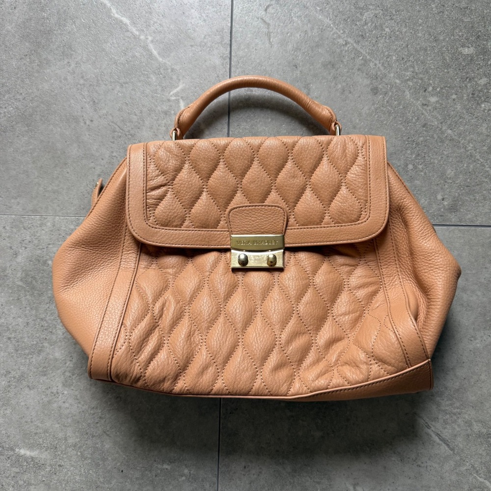 Vintage Vera Bradley Quilted Leather Satchel Handbag Tan
